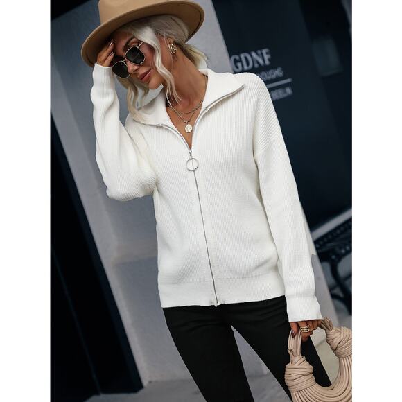 Graceful Rib-Knit Zip Up Collared Cardigan - Picture 1 of 5